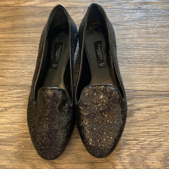 TWIGGY 100% Italy Made Glitter Ballet Black Flats - Picture 3 of 4